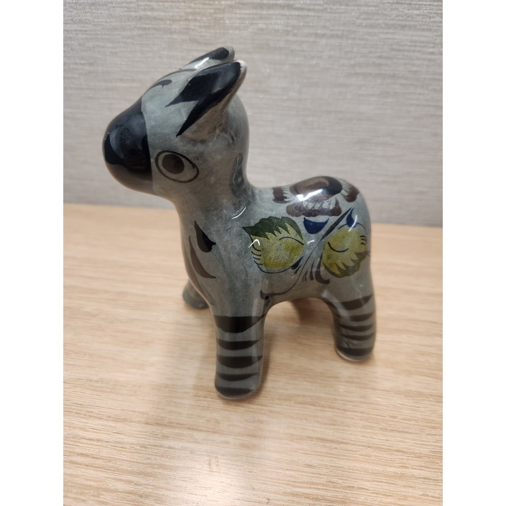 Mexican Tonala Art Pottery Donkey Handpainted By Artist Donkey‎ Burro Folk Art